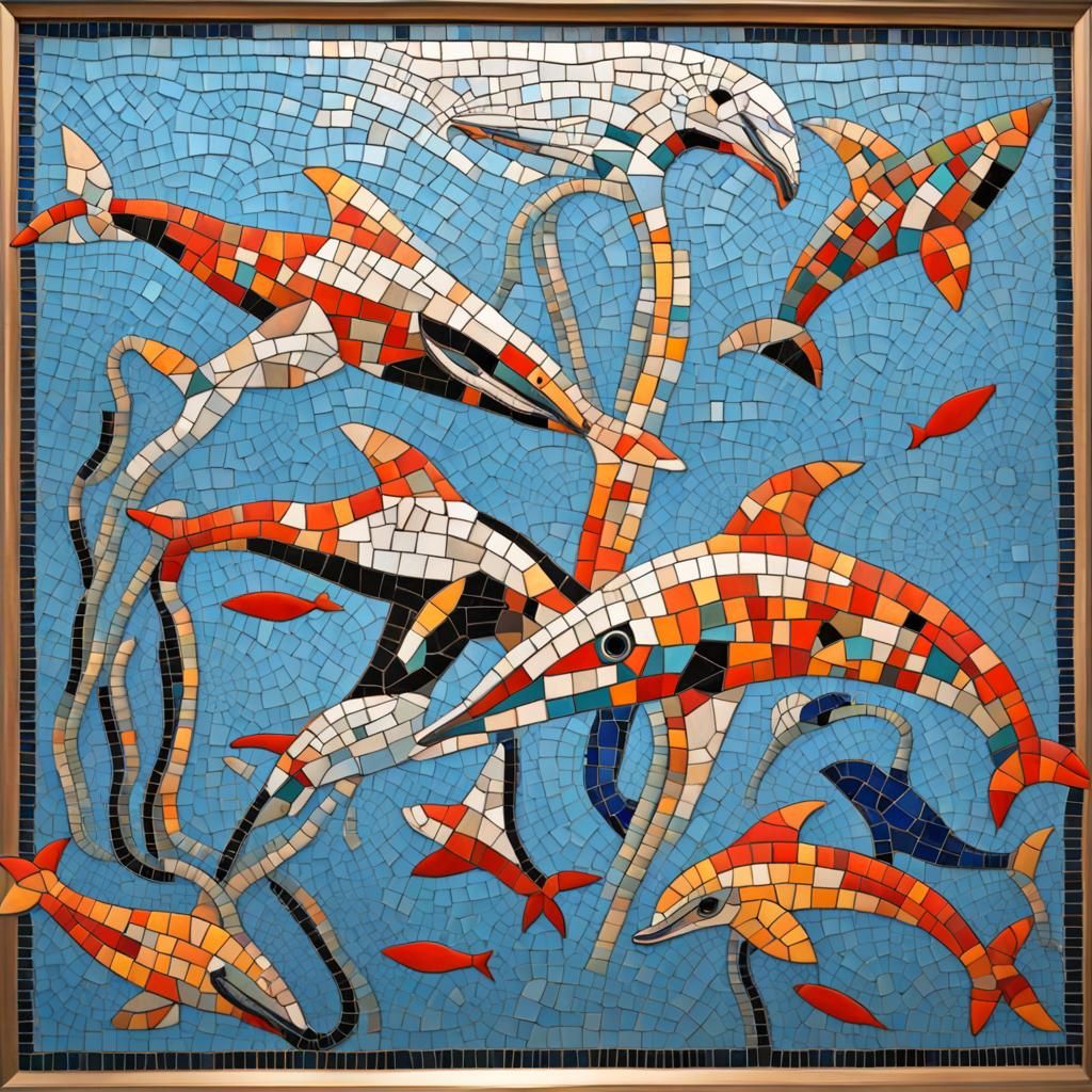 a mosaic-style artwork with the playful spirit of Niki de Saint Phalle, featuring mosaic dolphins in a mosaic ocean