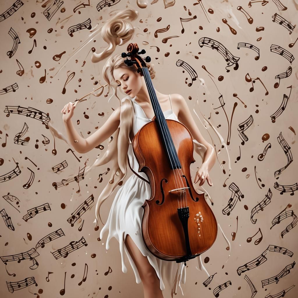 Surreal Cello Woman with Flowing Coffee