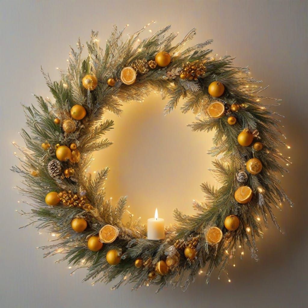 A golden wreath crafted from mimosa blossoms and accented wi...