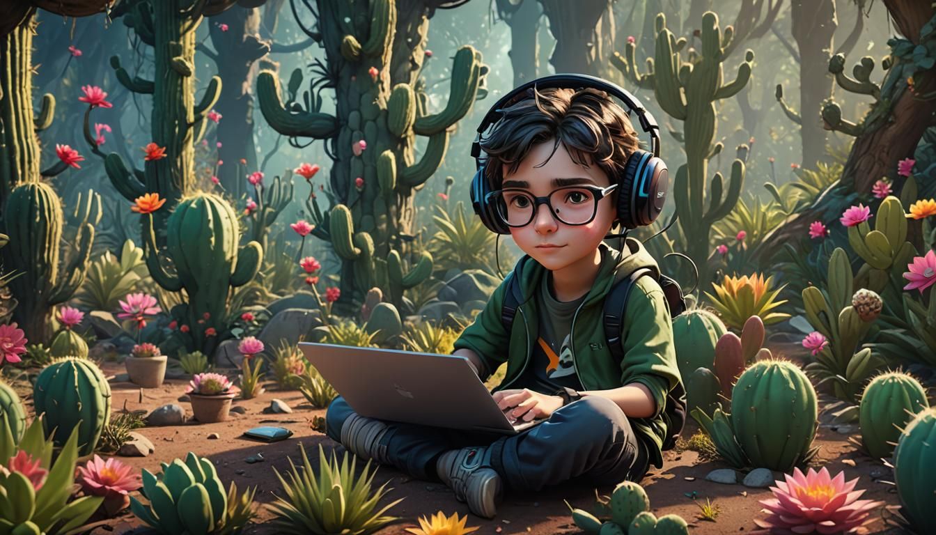 Gamer Character in Fairy Cactus Forest, Detailed Matte Paint...