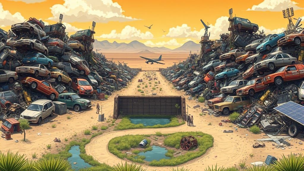 Post-Apocalyptic Scrapyard Landscape in Vibrant Anime Style