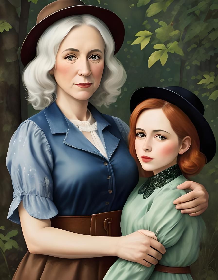 Happy Fisherwoman and Daughter in Pop Art Style