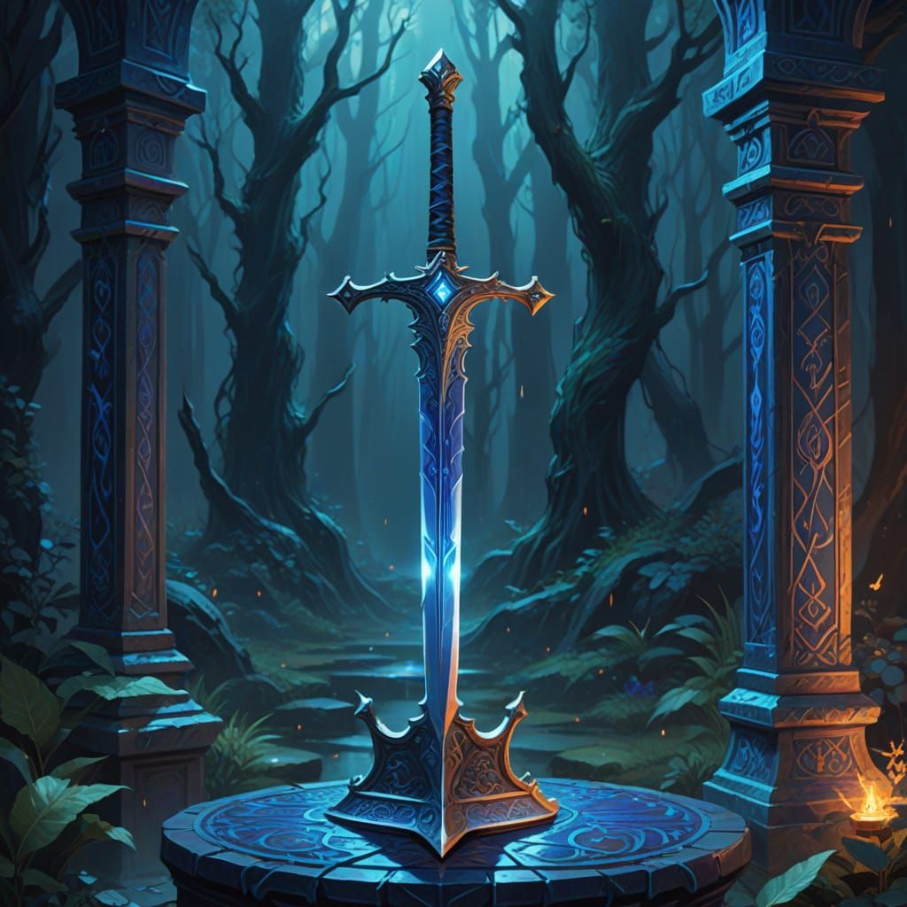 Vibrant Oil Painting of a Luminescent Blue Sword