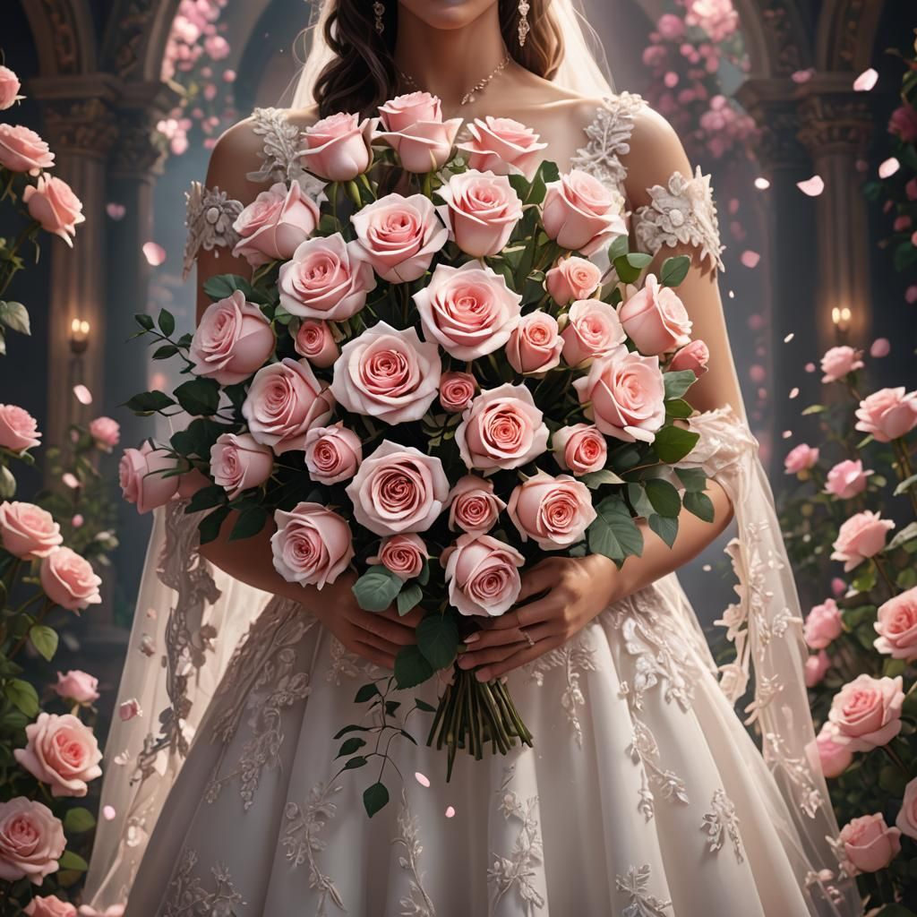 Bridal Bouquet of Light Pink Roses, Detailed Matte Painting