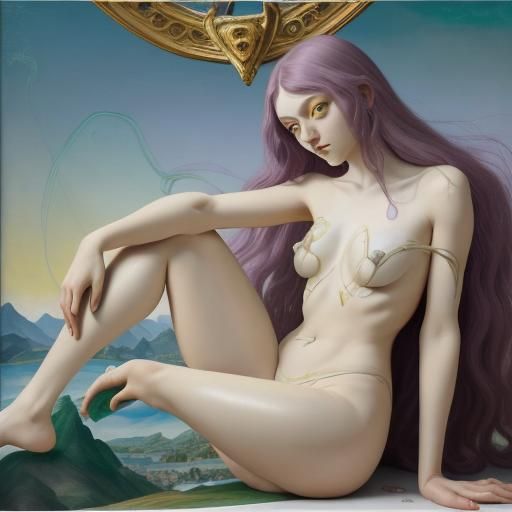 Renaissance Emerald Haired Woman with Surreal Halo