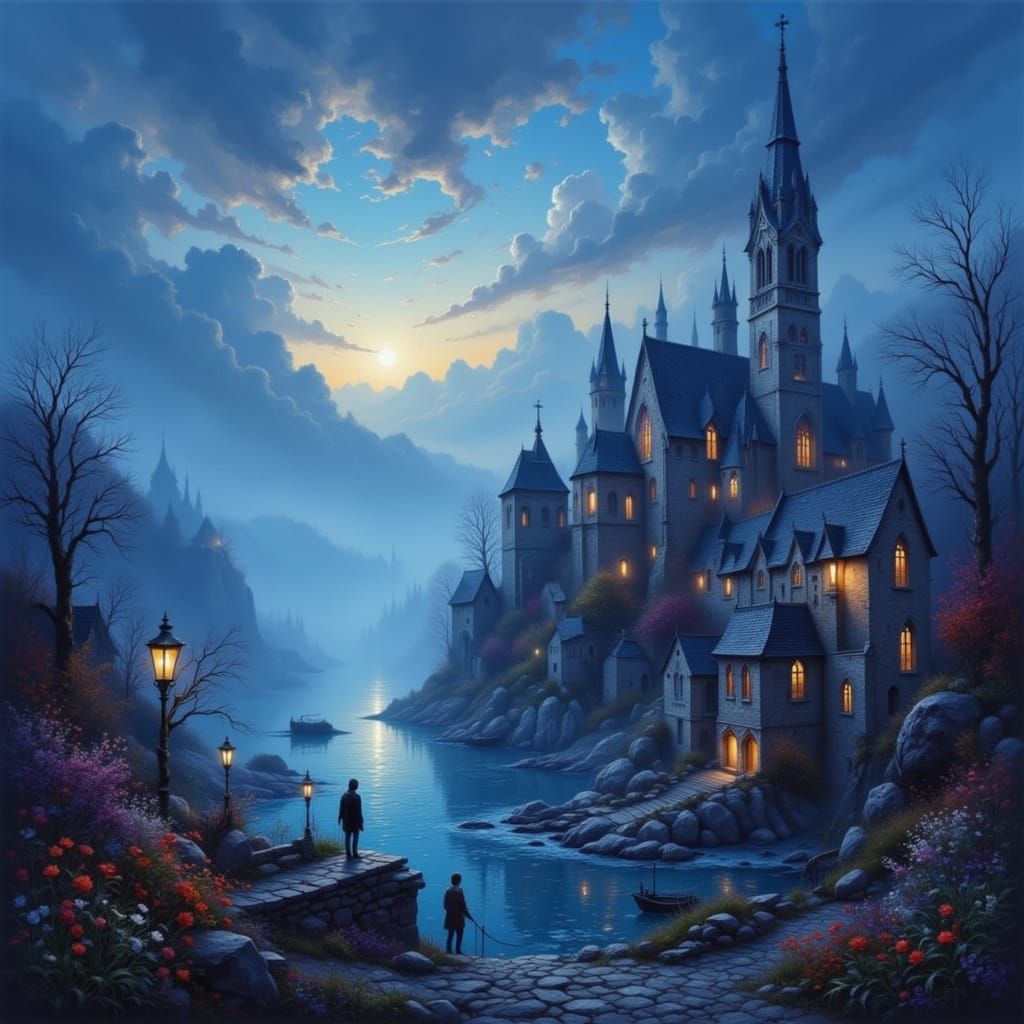 Cathedral Above Coastal Village in Anime Style