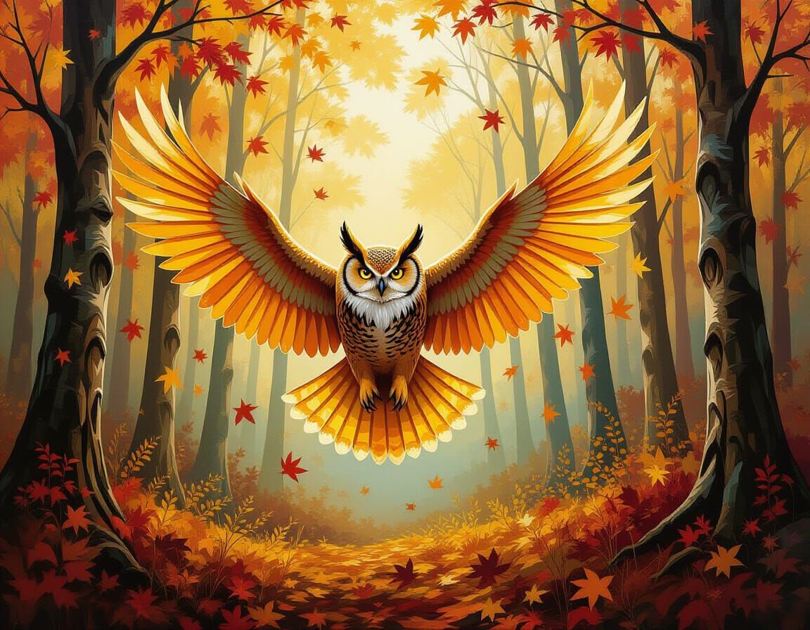 Surreal Autumn Bird in Forest, Primative Style