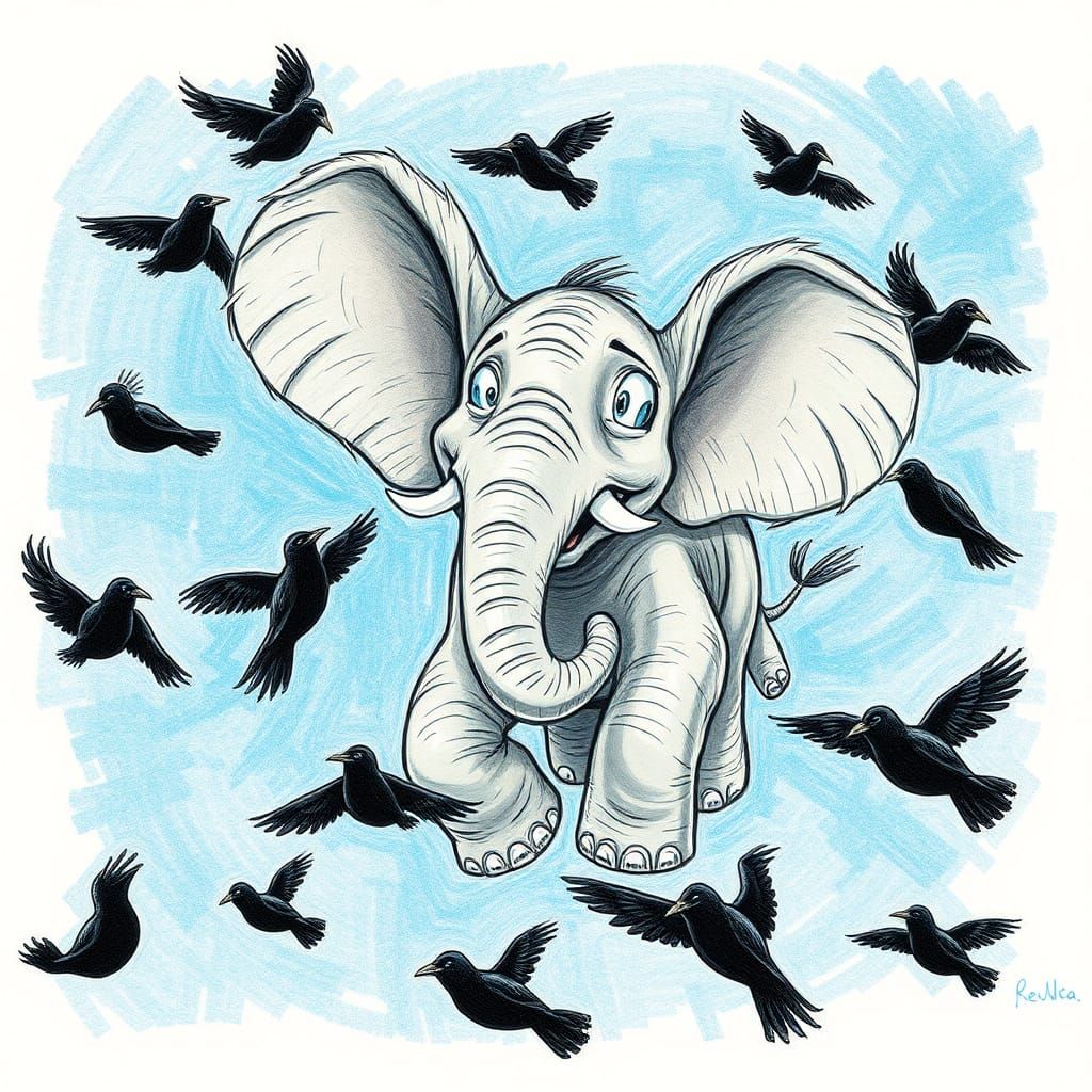 Whimsical Elephant Soaring Through the Sky in Seuss Style