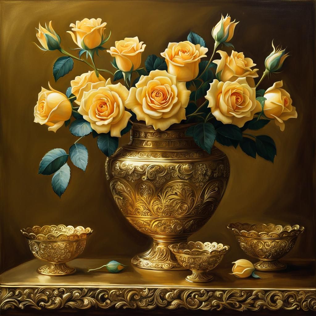 Gold Roses Still Life: Intricate Radiant Art