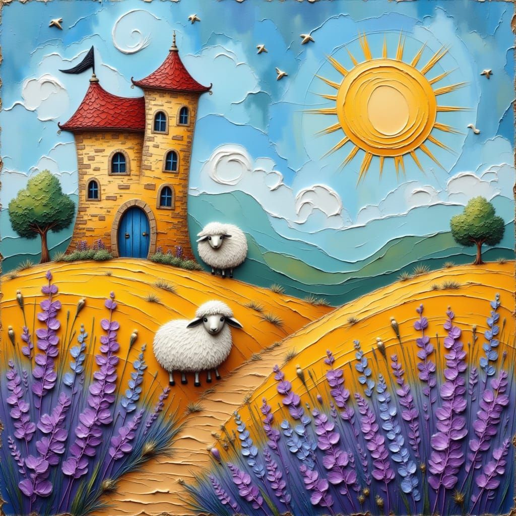 Whimsical Castle on Lavender Hill with Sheep