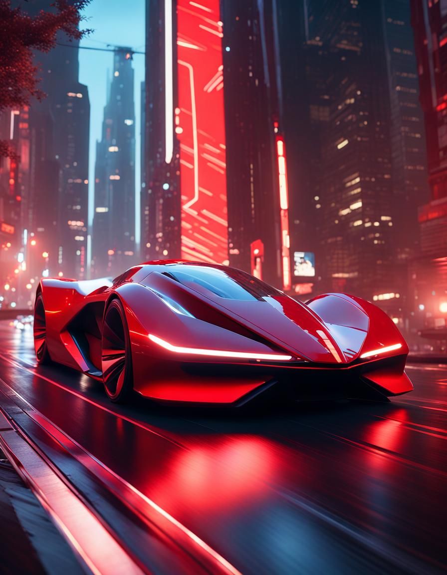 Futuristic Red Supercar in Cityscape, Epic 3D Render