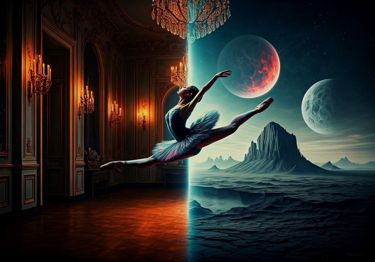 Surreal Ballet Dancer in Victorian Ballroom to Alien World