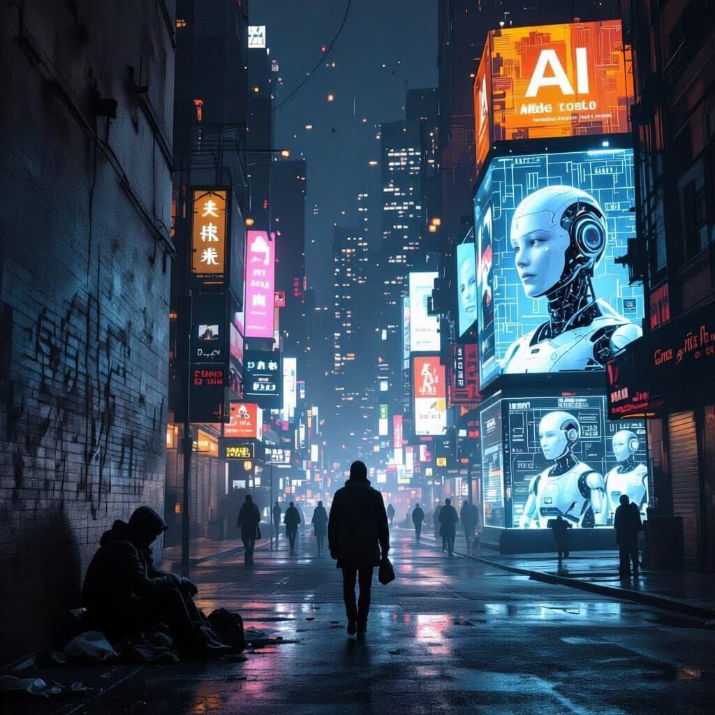 Humanity vs AI City Street at Night
