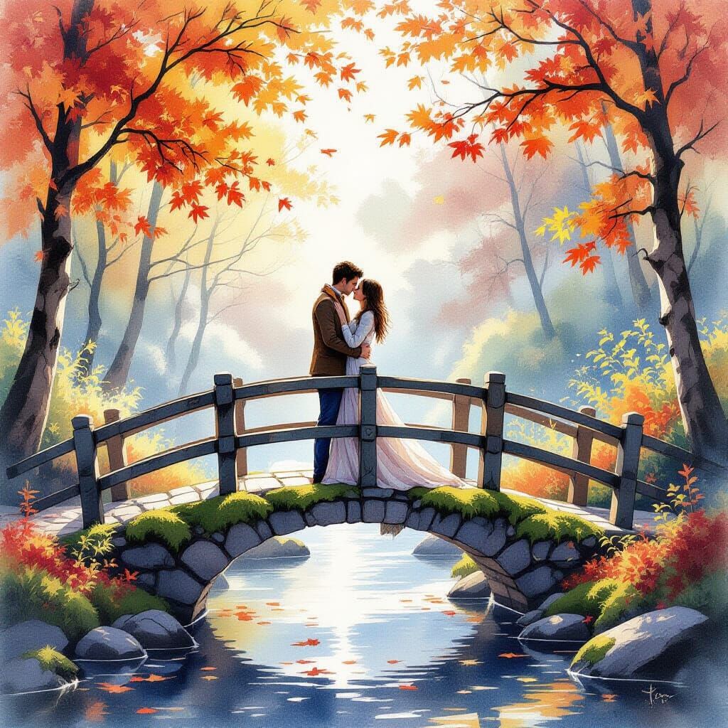 Couple's Tender Moment on Autumn Bridge in Watercolor