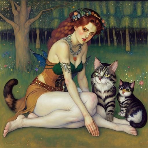 Fairies and Felines: Evocative Portrait in Art Nouveau Style