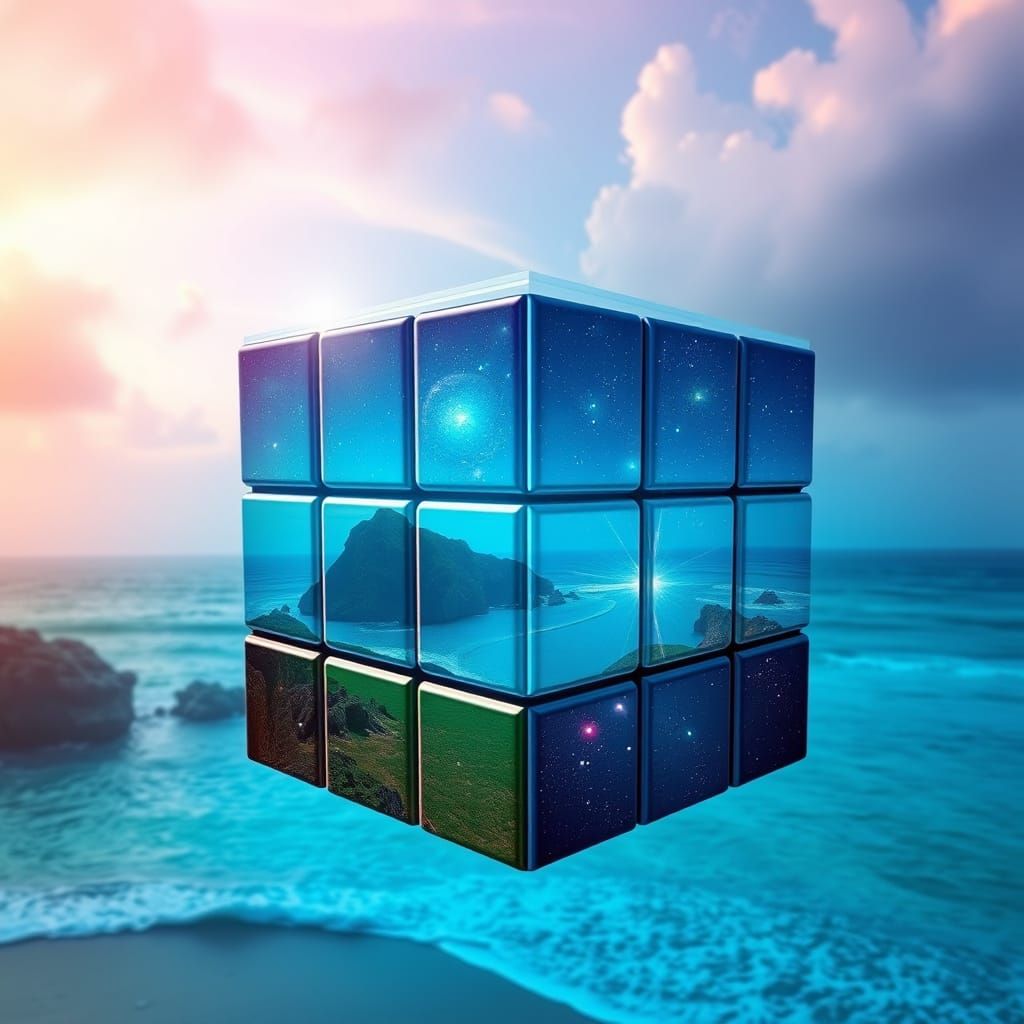 Mystical Galaxy Rubik's Cube Beach Scene