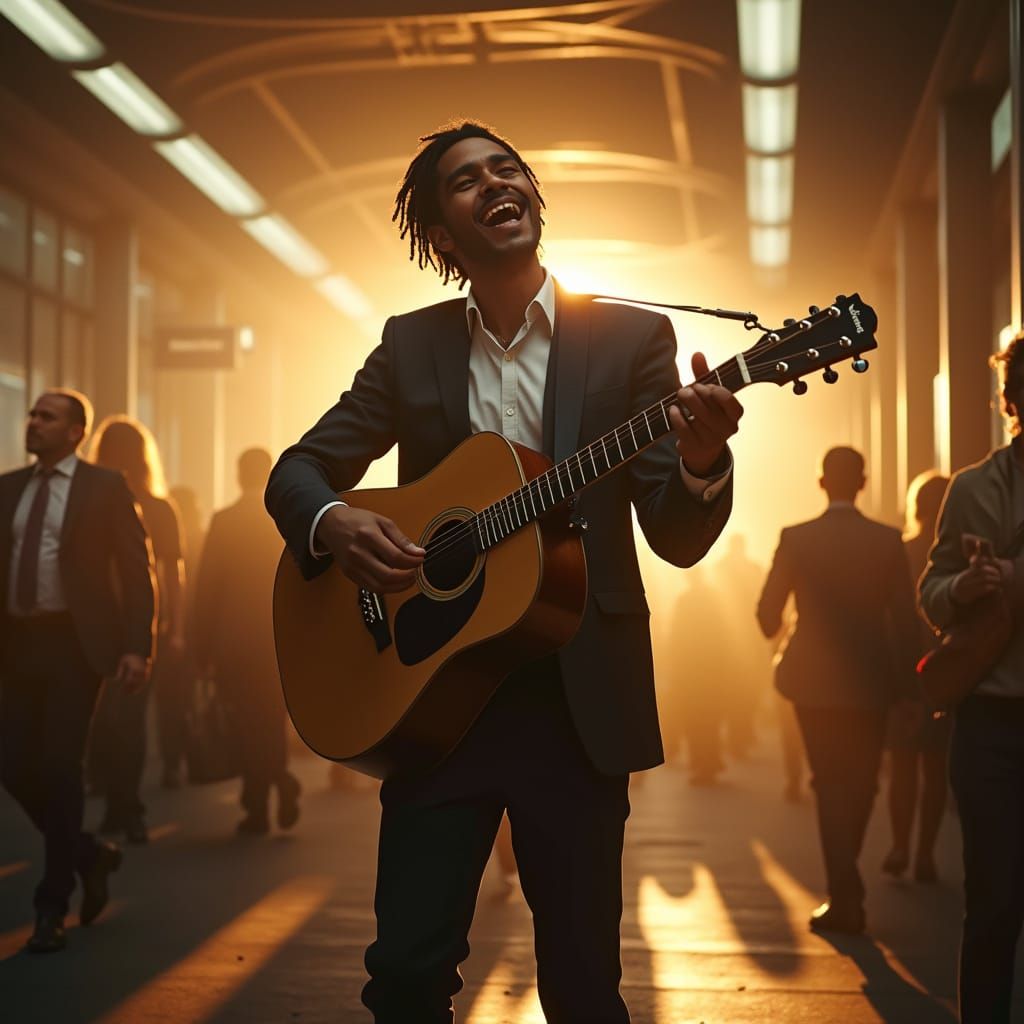 Man Playing Guitar on Subway Platform at Golden Hour