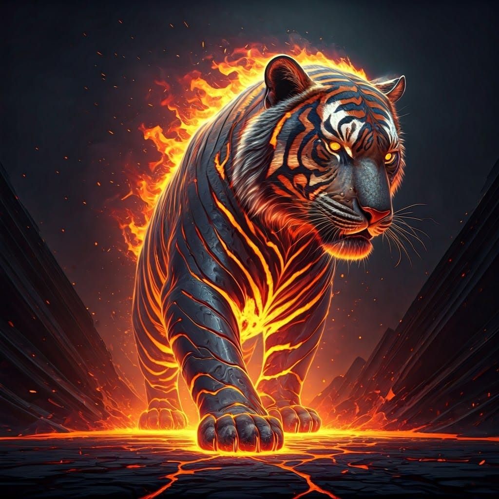 Fiery Molten Metal Tiger Sculpture in Industrial Style