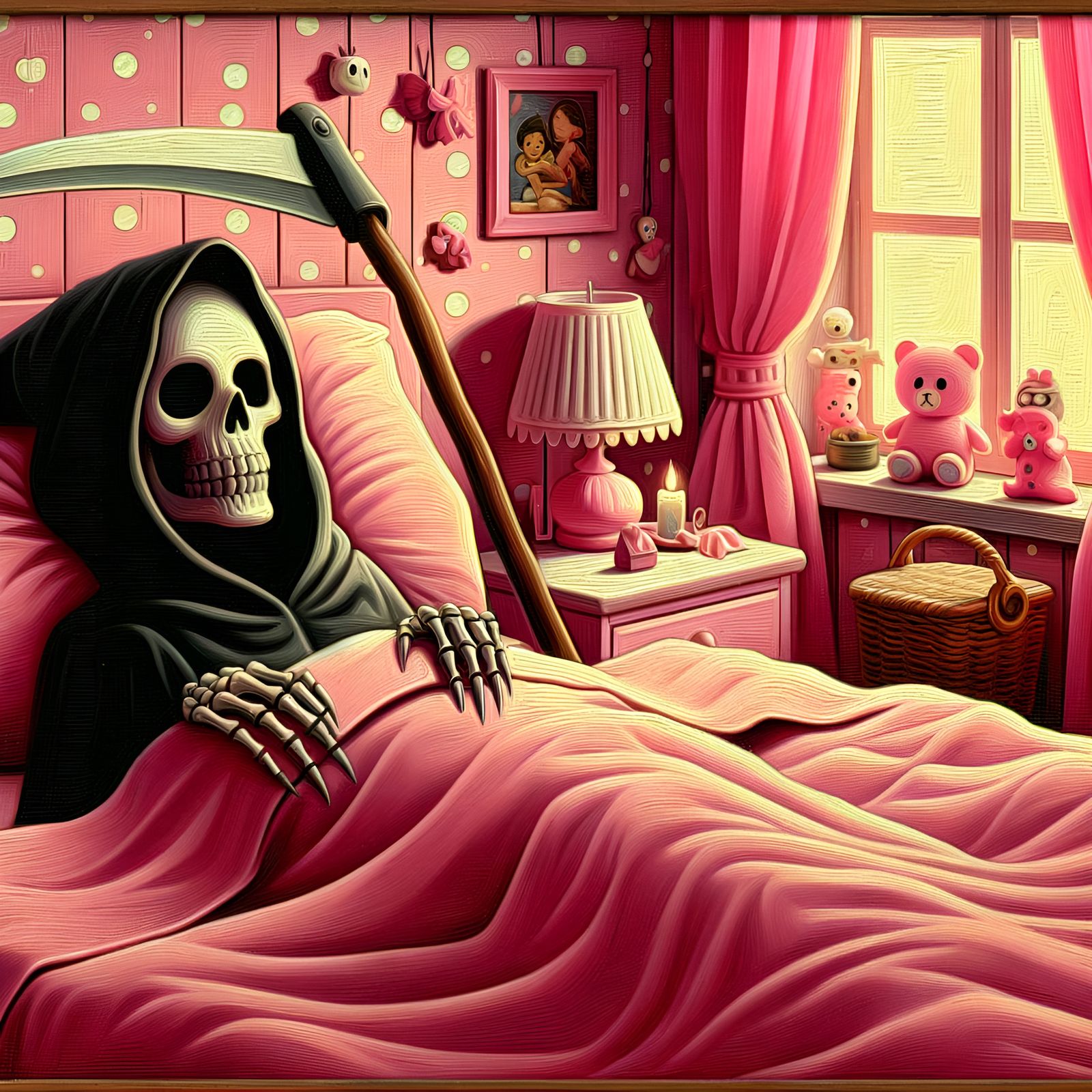 Grim Reaper Asleep in Pink Room: Oil Painting