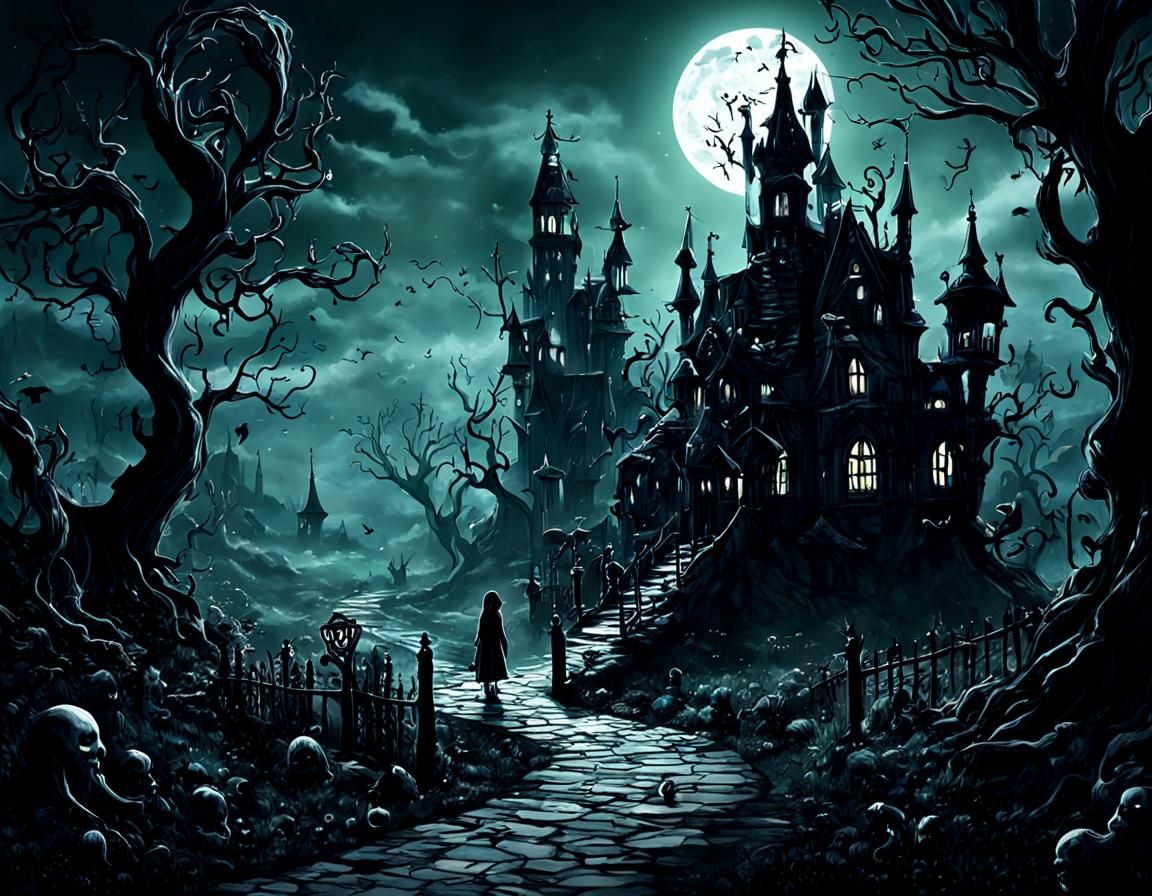Gothic Dreamscape with Eerie Shadows and Apparitions
