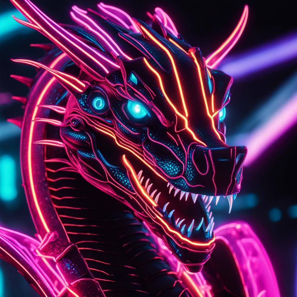 Tron Dragon Close-Up in Synthwave Neon Retro Style