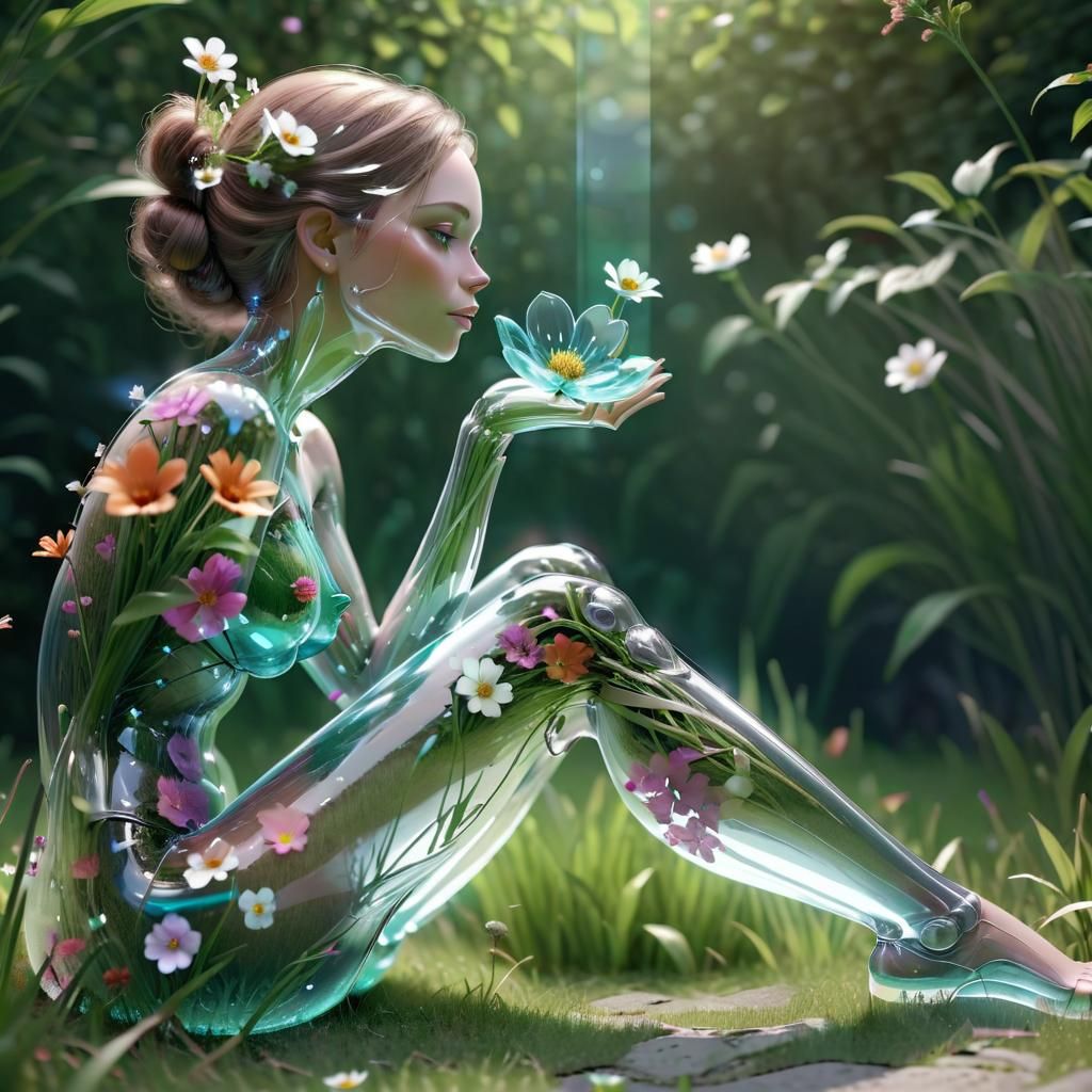 Glass Woman in Grass with Flowers, 3D Render