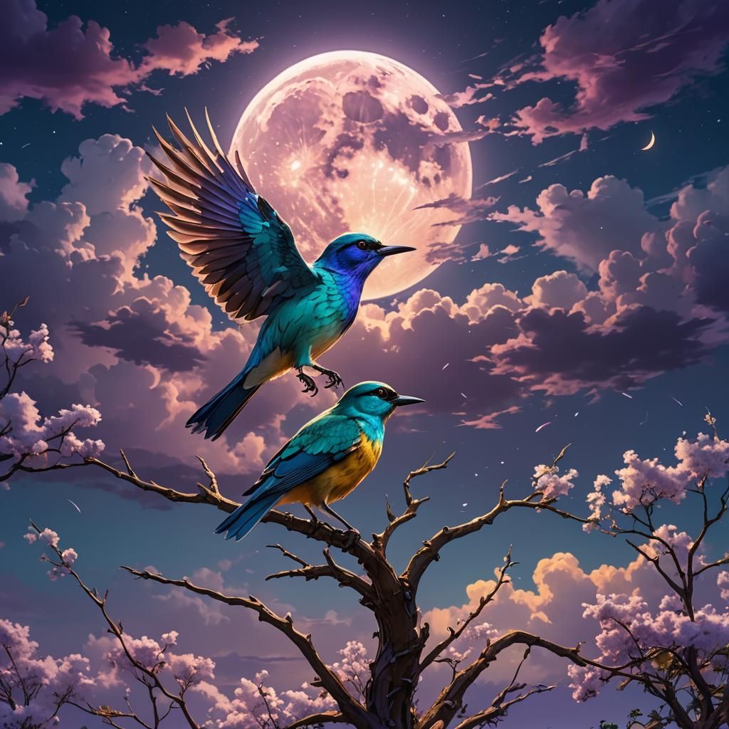 Colorful Bird Under Moon in Dramatic Lighting