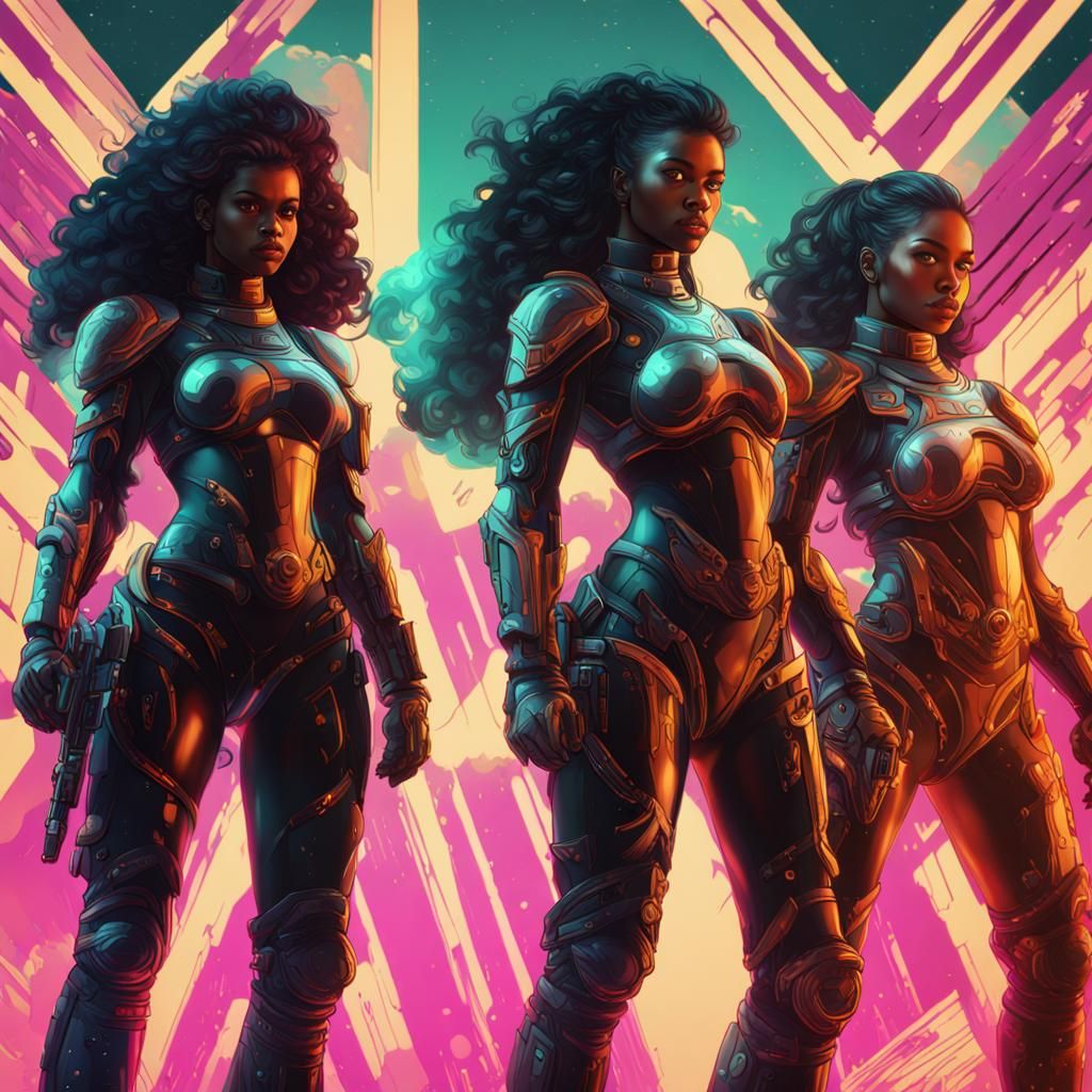 Retro Sci-Fi Black Female Fighters in Digital Art