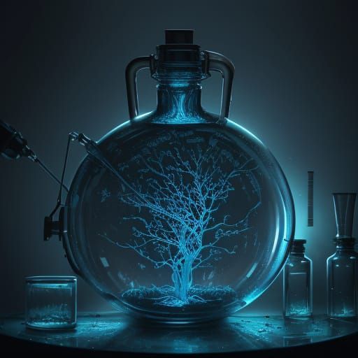 Scientist Examines Glowing Flask in Detailed Sci-Fi Lab