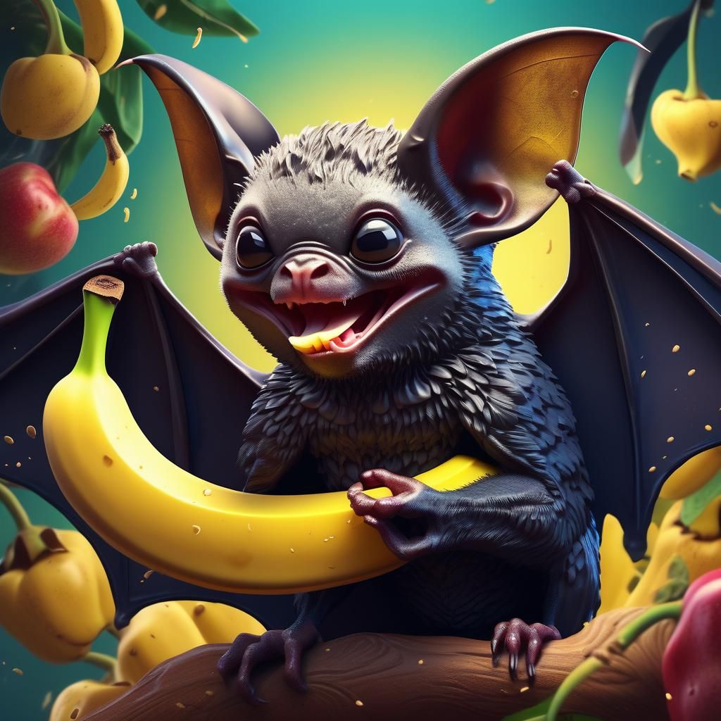 Hyperrealistic Cute Bat Enjoys a Banana