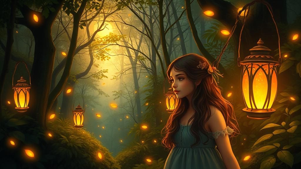 Twilight Forest Scene with Woman and Fireflies