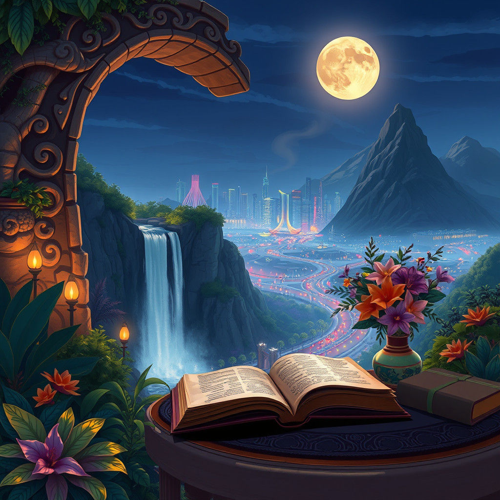 Lush Landscape with Cityscape Archway: Digital Illustration