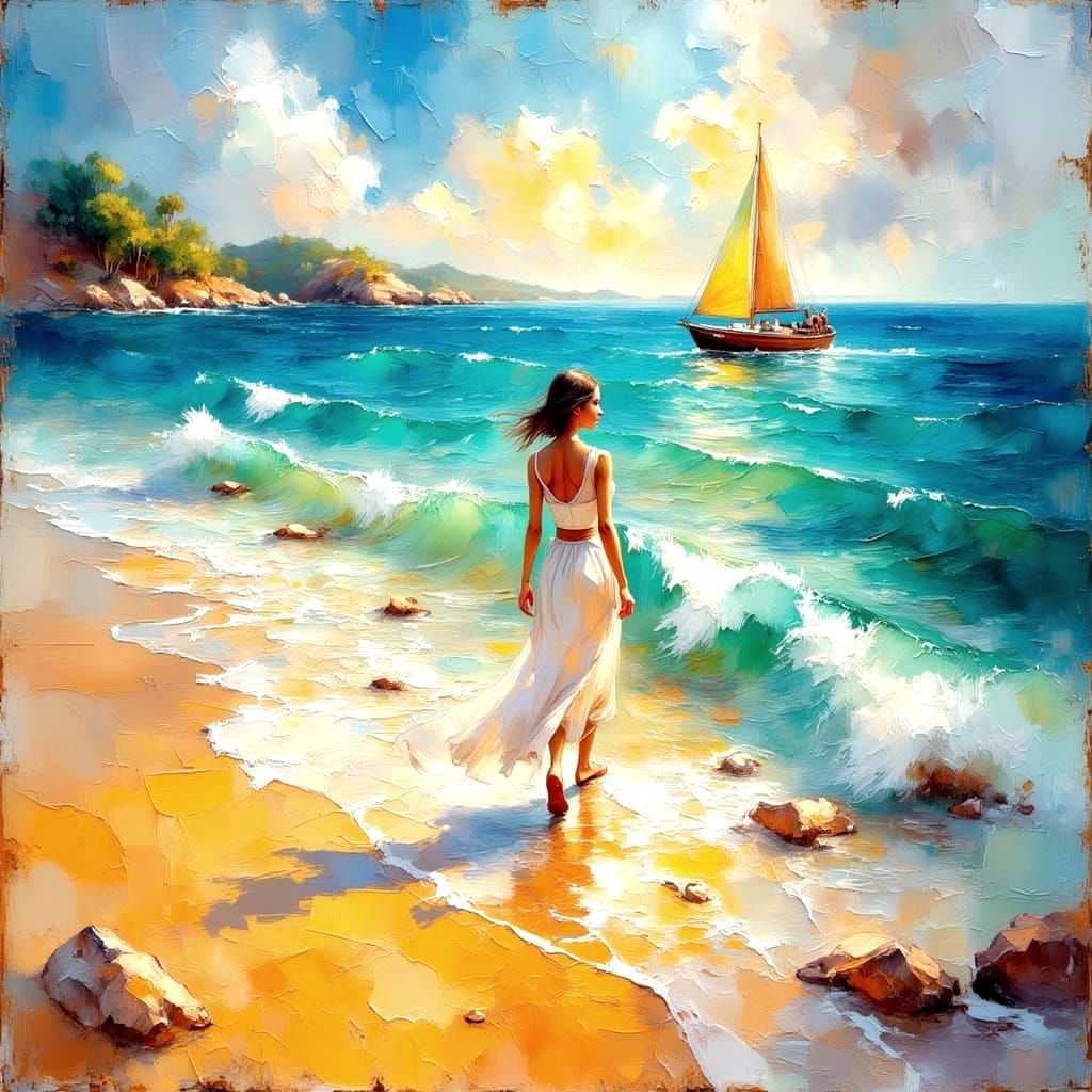 Vibrant Ocean Boat in Impasto Grunge Style