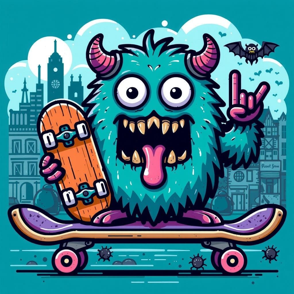 Surreal Skateboarding Monster in Vibrant Fantasy Style