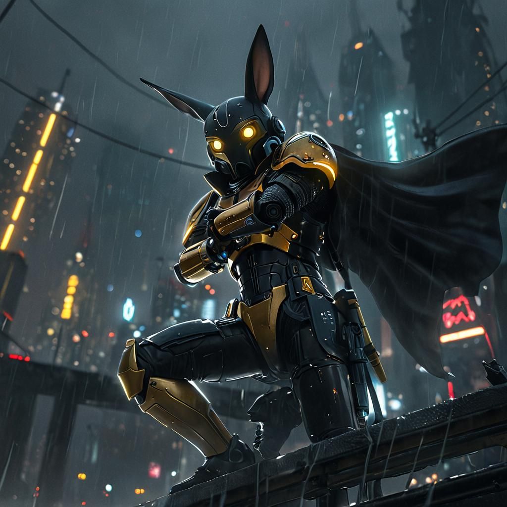 Aetherpunk Rabbit Warrior on Futuristic Skyline
