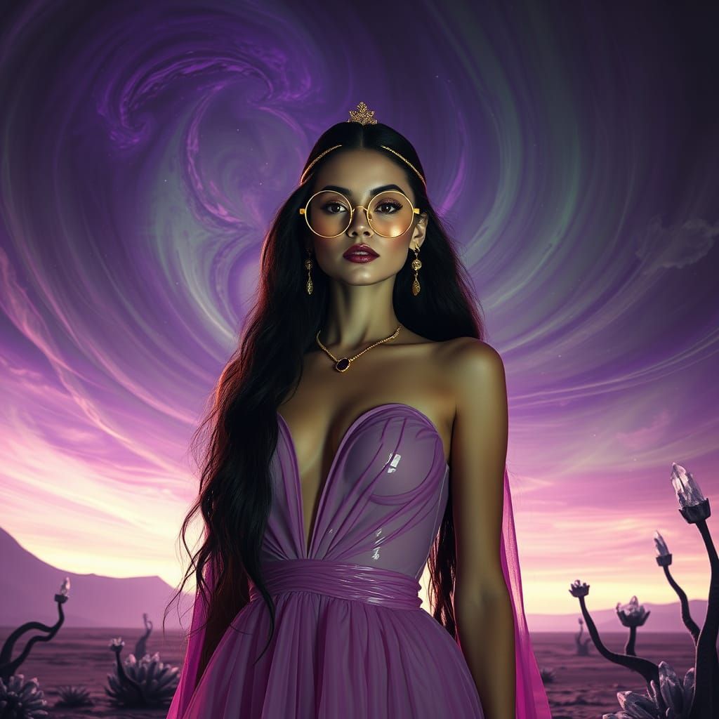 Elegant Woman on Alien Planet in Avant-Garde Gown