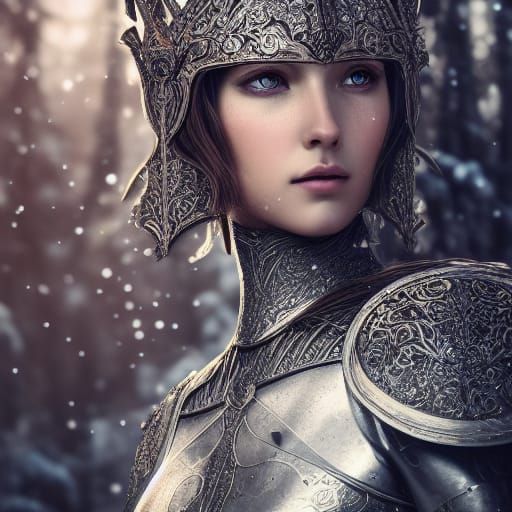 Majestic Female Knight in Snowy Forest, Digital Art