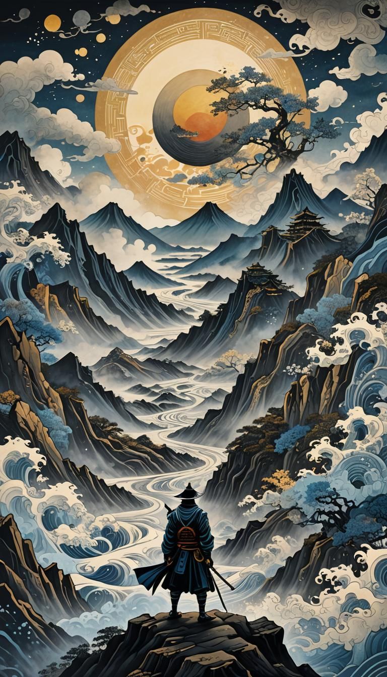Samurai on Mountain Peak in Japanese Ink Painting