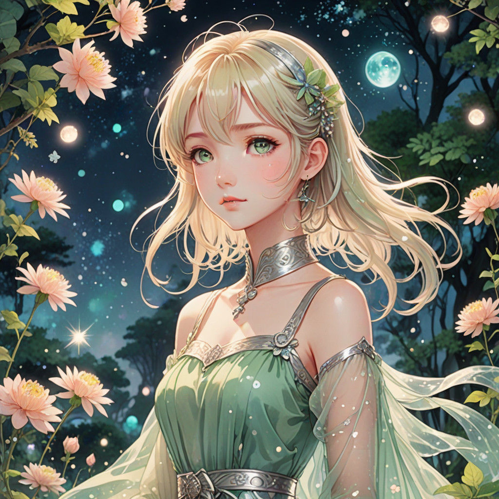 Enchanted Magical Girl in Whimsical Pastel Hues