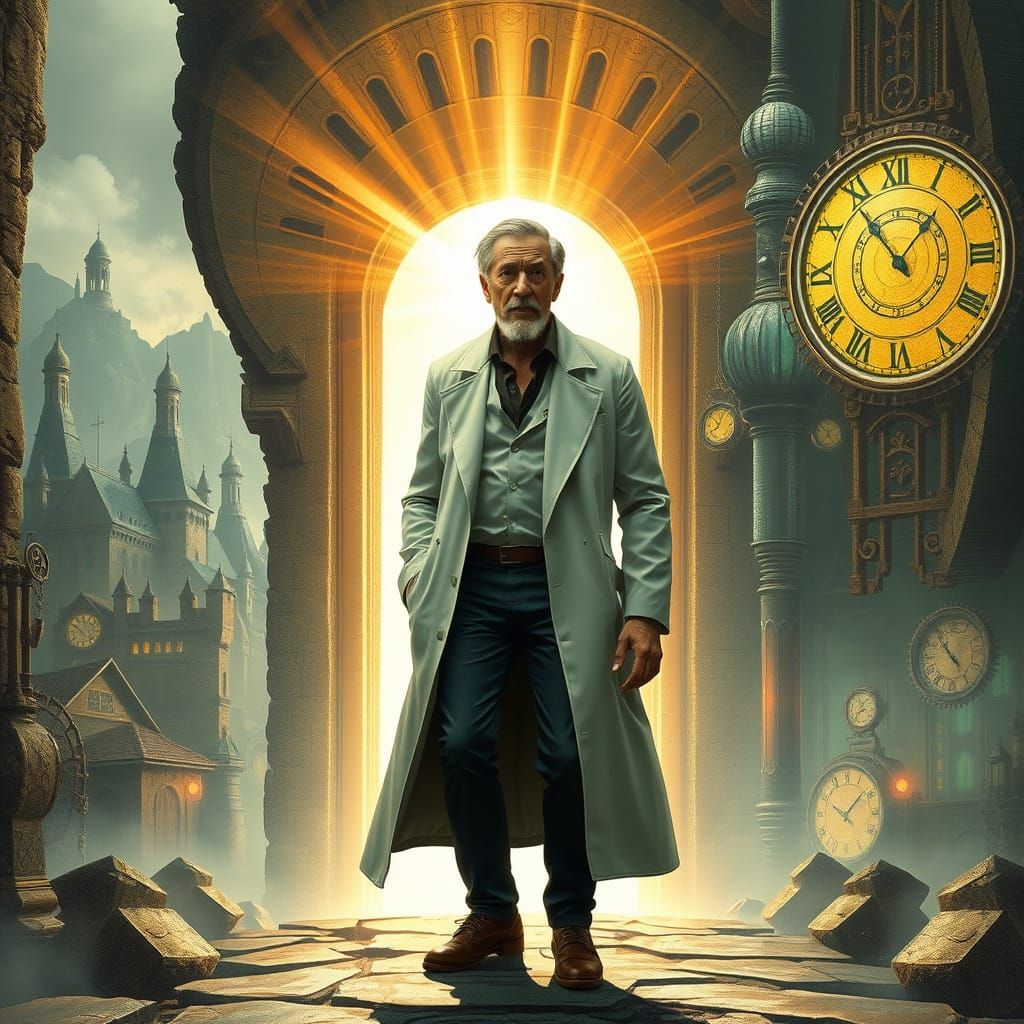 Scientist and Radiant Portal in Ruins: Cyberpunk Fantasy