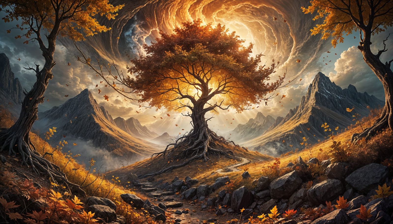 Ethereal Autumn God Reveal in a Fantasy Landscape