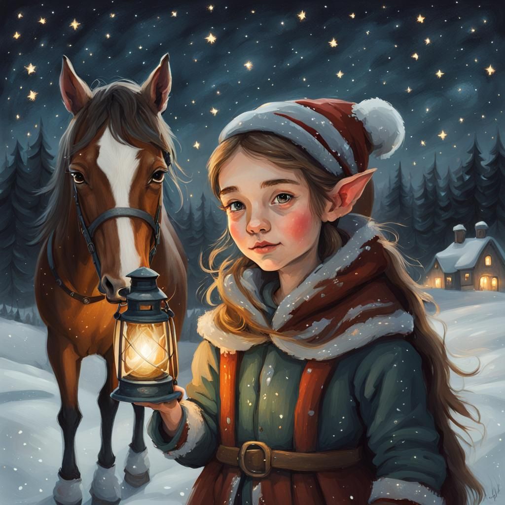 Elf and Horse Under Winter Stars