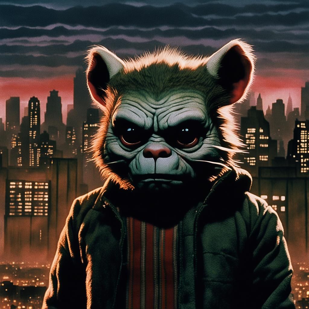 Mogwai in Ruined Cityscape: Cinematic Film Still