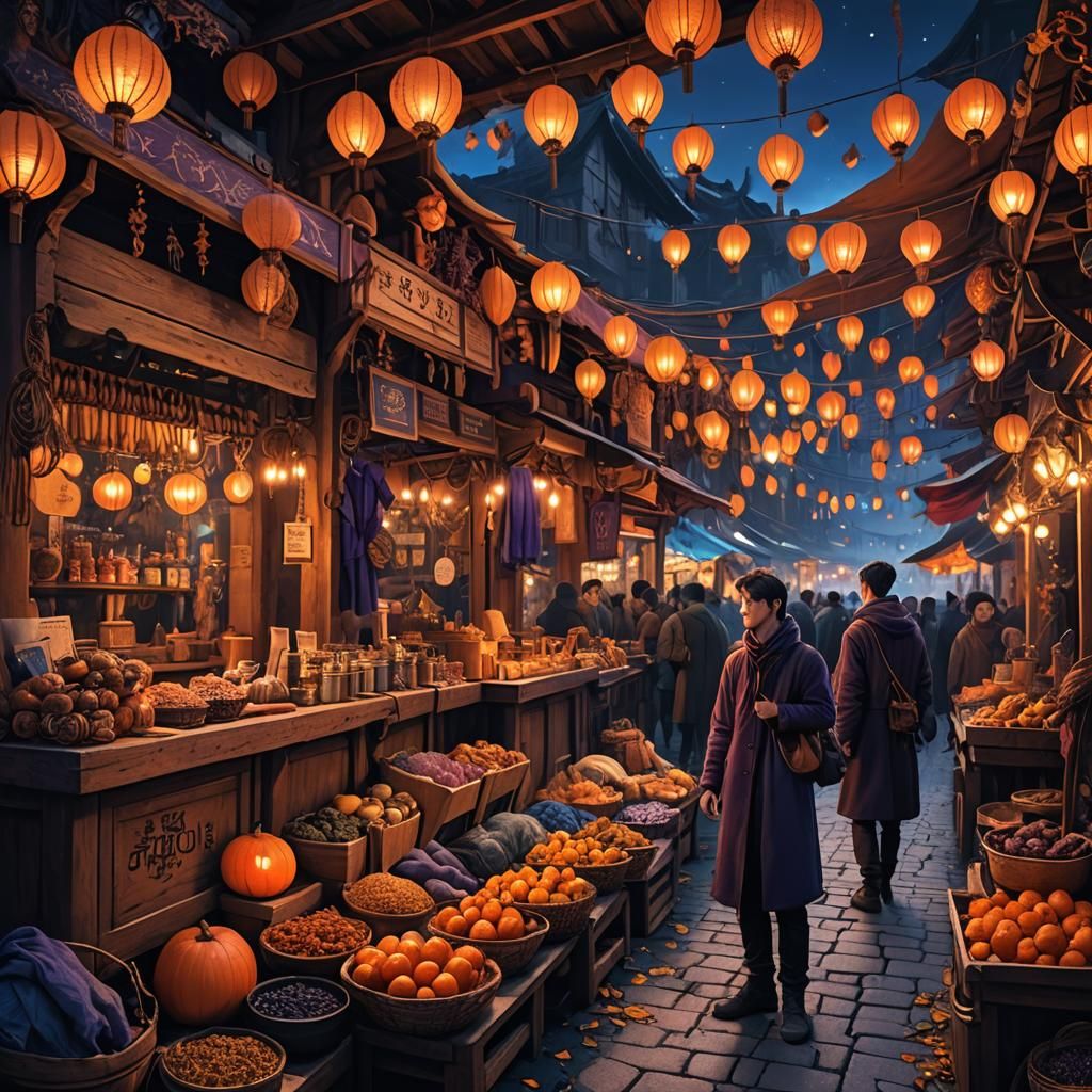 Fantasy Night Market with Mythical Creatures and Magic