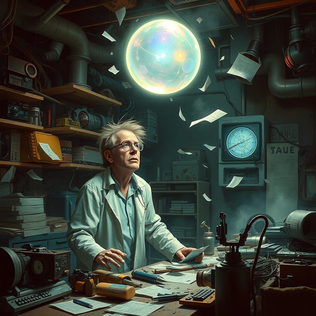 Surreal Scientist Confronts Gravity Warping Orb in Futuristi...