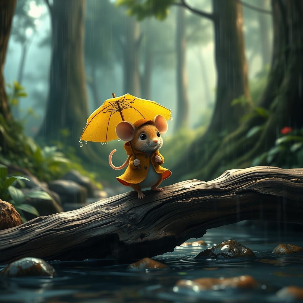 Fantastical Forest Scene with Rainy Night Landscape