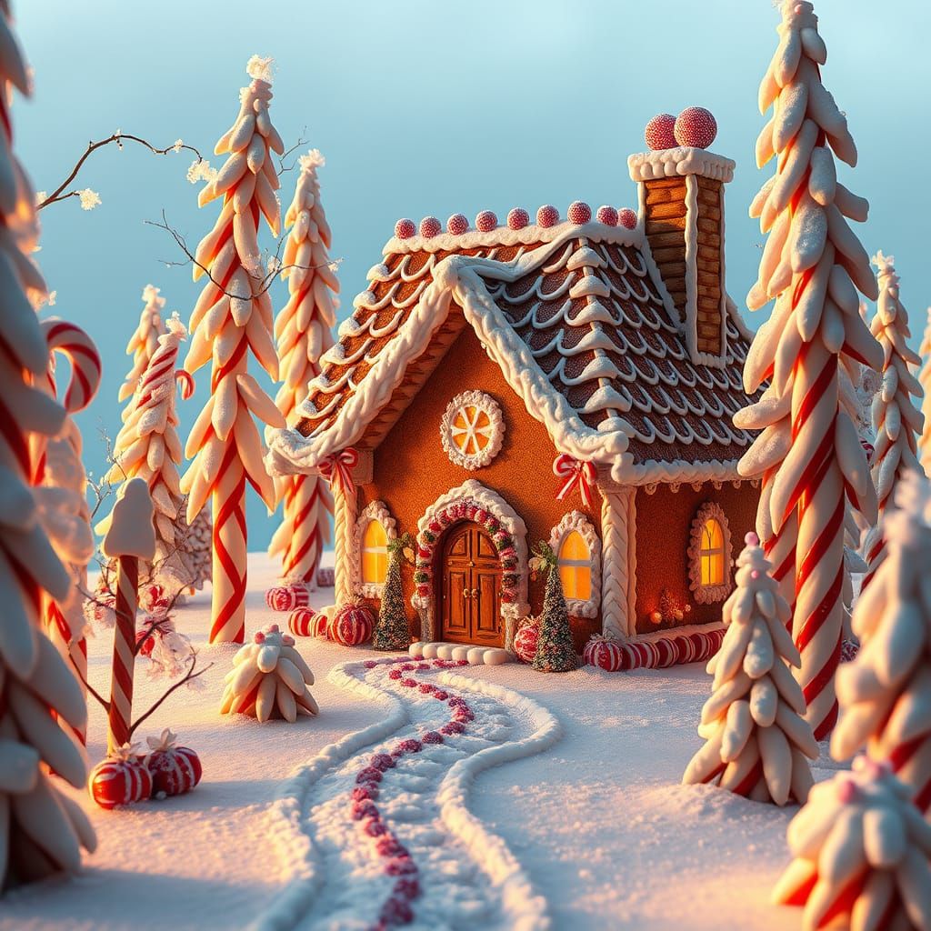 Surreal Gingerbread Mansion in Whimsical Winter Wonderland S...