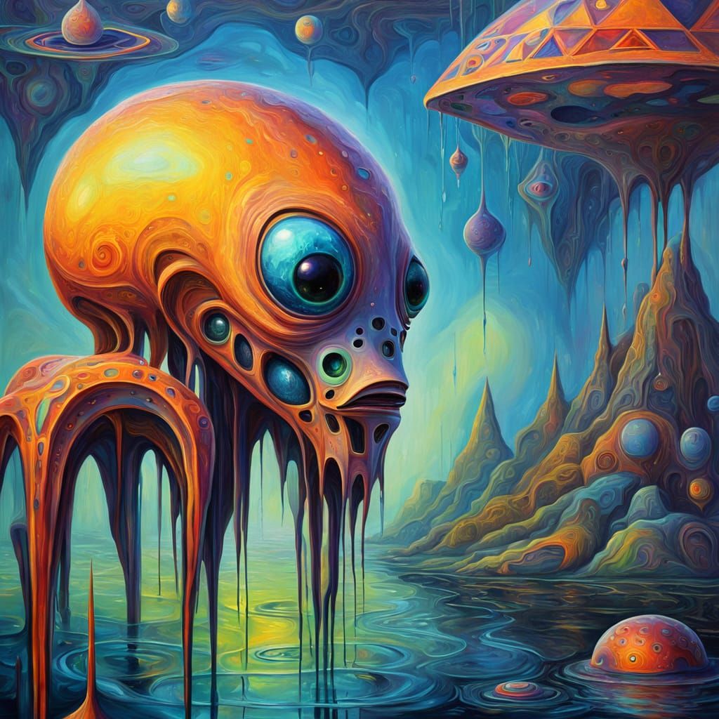Alien Contemplates Geometric Shape in Surreal Oil Painting