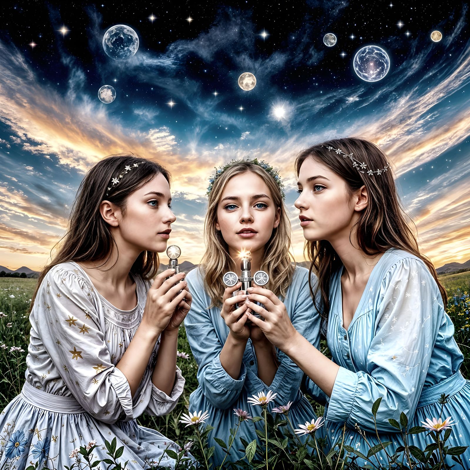 Kaleidoscope Dream: Girls Gazing at Starry Night