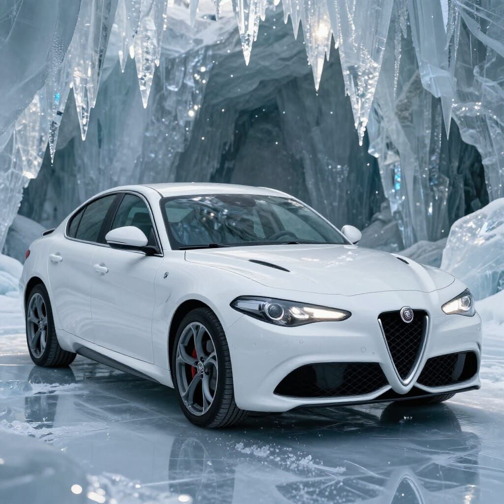 White Alfa Romeo Giulia in Glistening Ice Cave